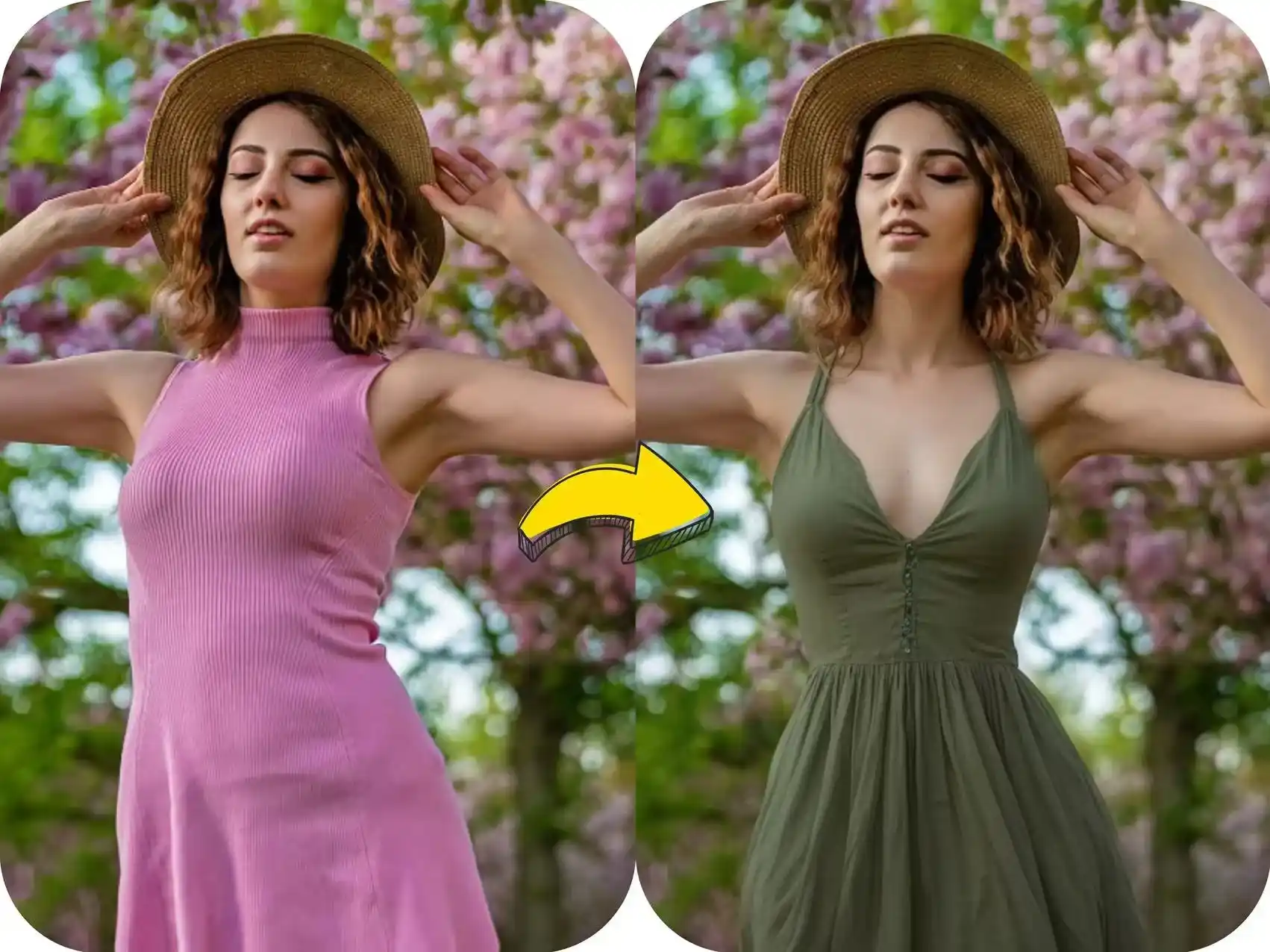 Replace the pink vest dress with a green V-neck suspender dress
